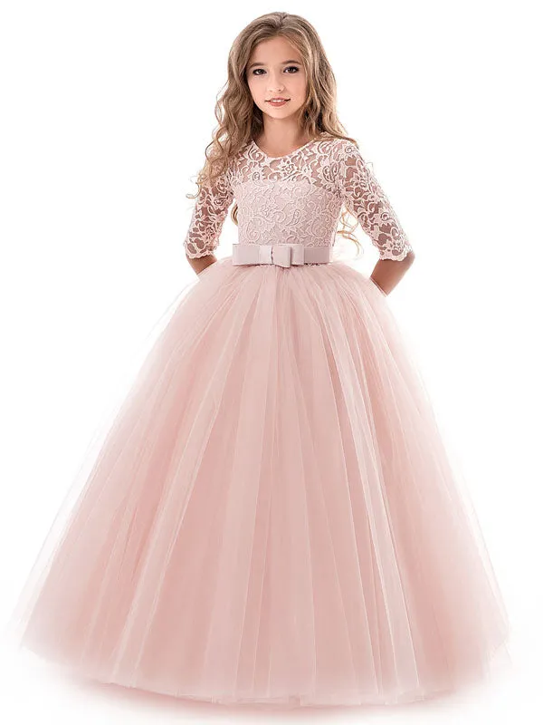 Soft Pink Kids Dress Lace Half Sleeve Bows Tulle A-line Girls Pageant Dress