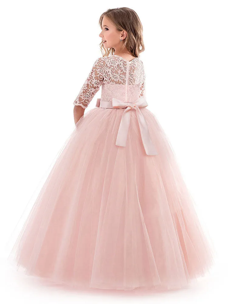 Soft Pink Kids Dress Lace Half Sleeve Bows Tulle A-line Girls Pageant Dress