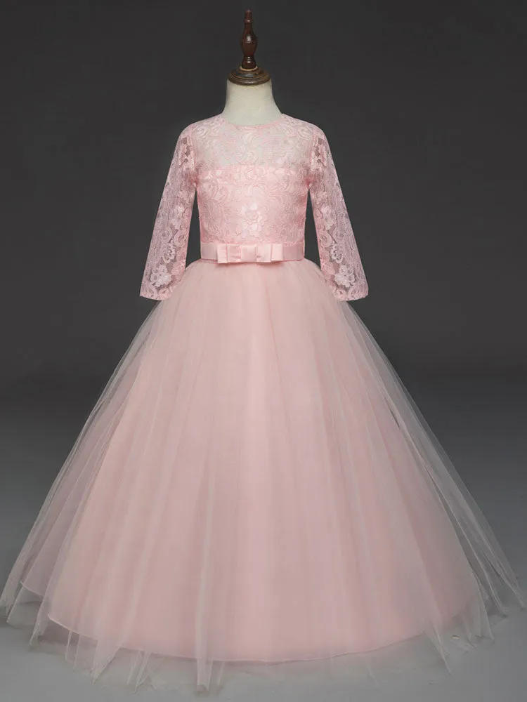 Soft Pink Kids Dress Lace Half Sleeve Bows Tulle A-line Girls Pageant Dress