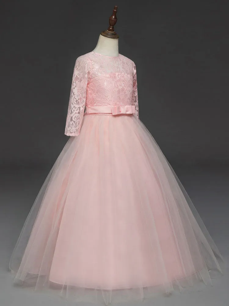 Soft Pink Kids Dress Lace Half Sleeve Bows Tulle A-line Girls Pageant Dress