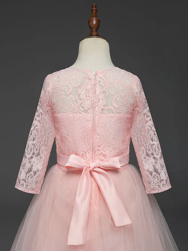 Soft Pink Kids Dress Lace Half Sleeve Bows Tulle A-line Girls Pageant Dress