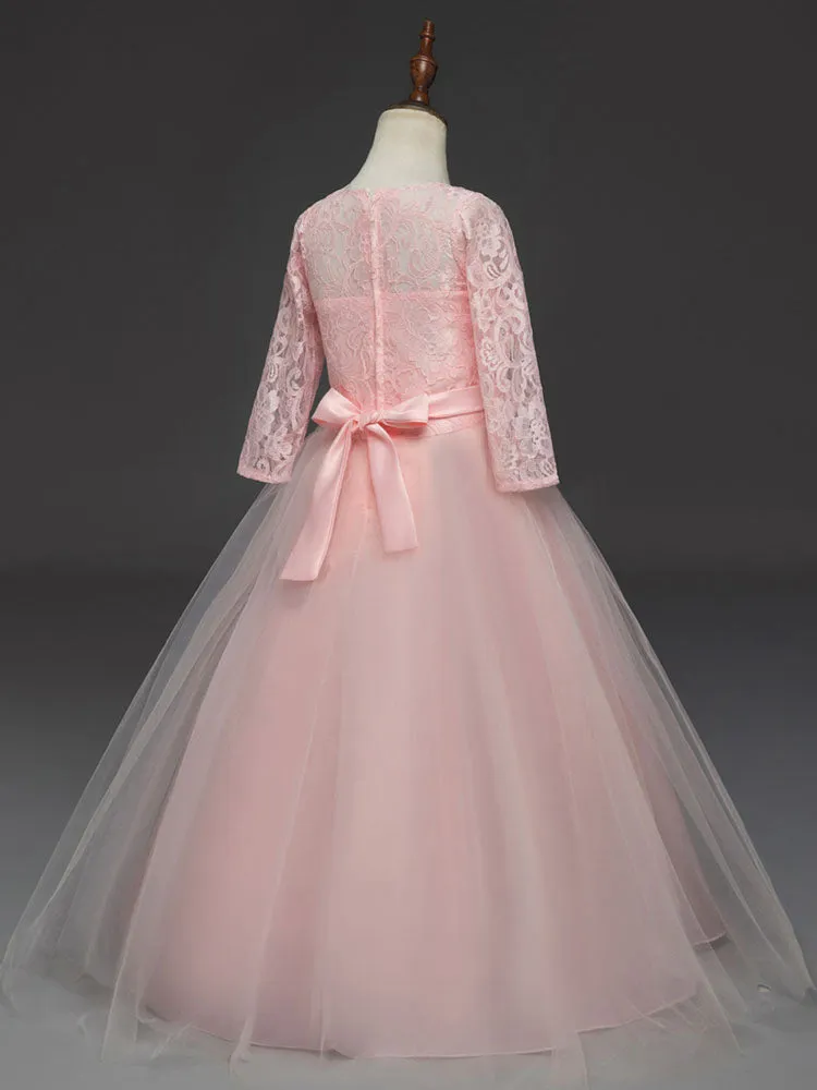 Soft Pink Kids Dress Lace Half Sleeve Bows Tulle A-line Girls Pageant Dress