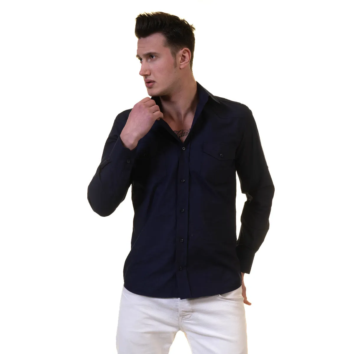 Solid Navy Blue Mens Slim Fit Designer Dress Shirt - tailored Cotton Shirts for Work and Casual Wear