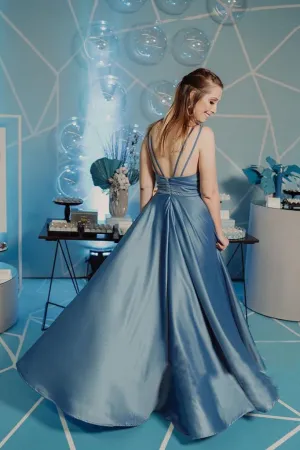 Spaghetti Straps Keyhole Sexy Flowy A-line Satin Front Slit Long Prom Dress OKV75