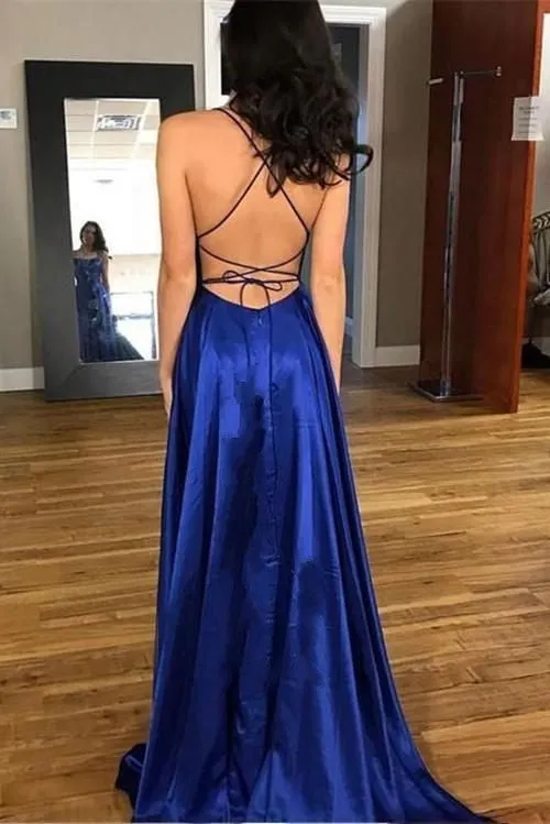 Spaghetti Straps Sexy Slit Royal Blue Prom Dress