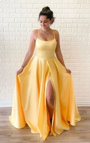 Spaghetti Straps Yellow Slit Prom Dress