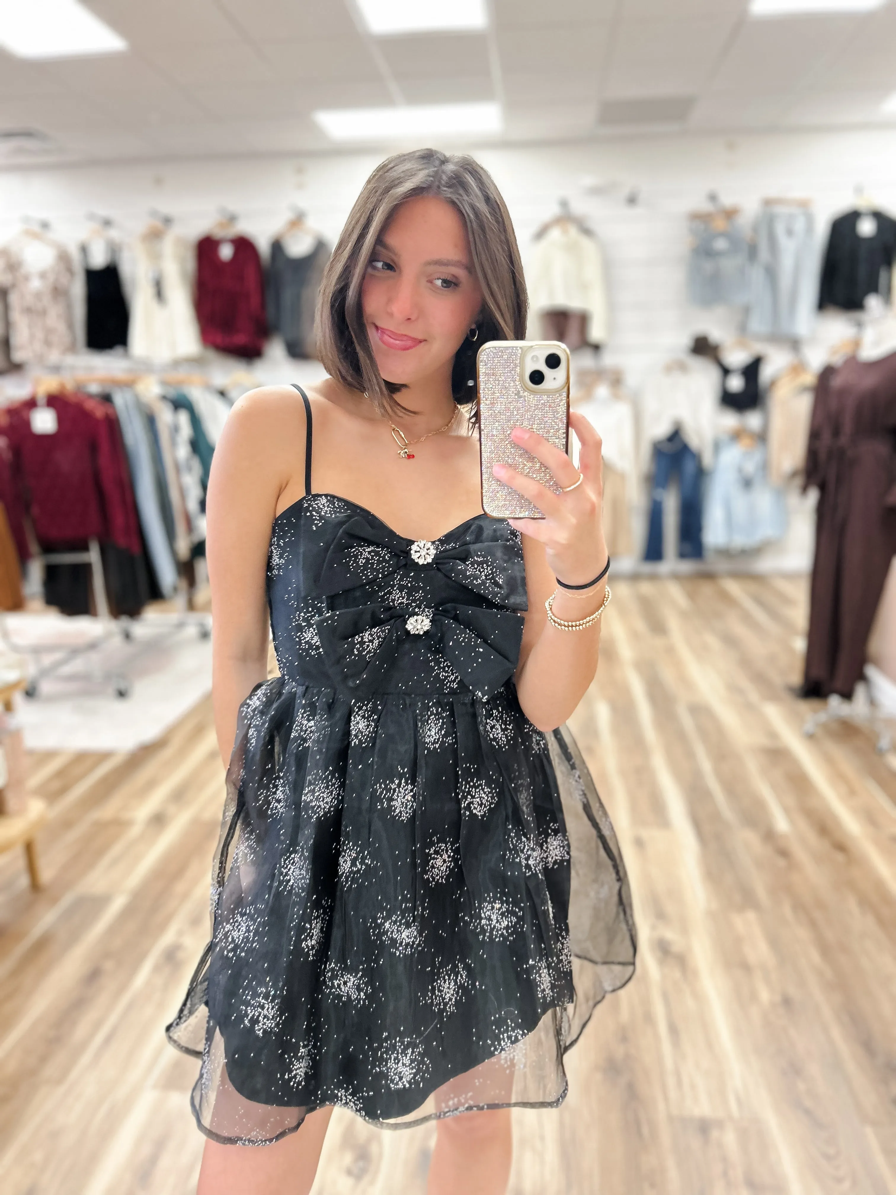Sparkle Black Bow Mini Dress