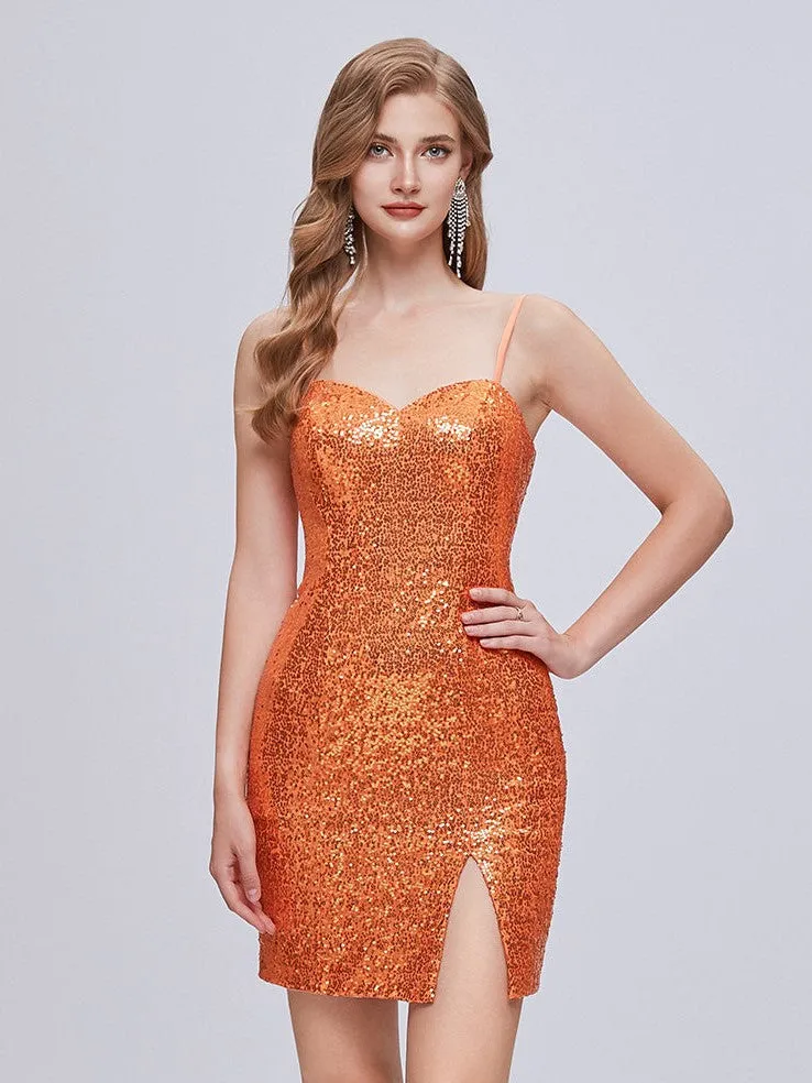 Sparkle Spaghetti Straps Sweetheart Split Sequins Homecoming Dresses