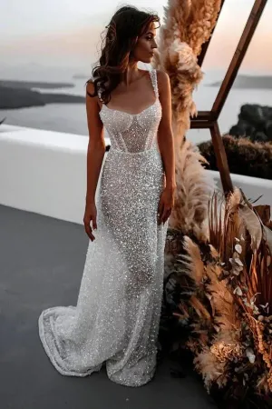 Sparkly A-line Scoop Neck Spaghetti Straps Beach Wedding Dresses, MW1038