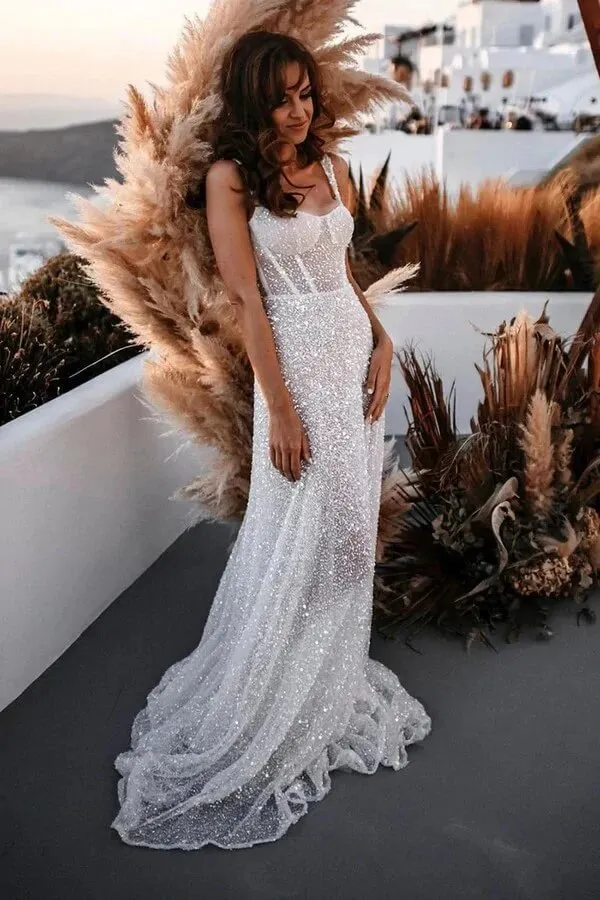 Sparkly A-line Scoop Neck Spaghetti Straps Beach Wedding Dresses, MW1038