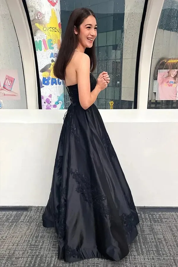 Sparkly Black A Line Spaghetti Straps Long Prom Dresses With Appliques, SLP067