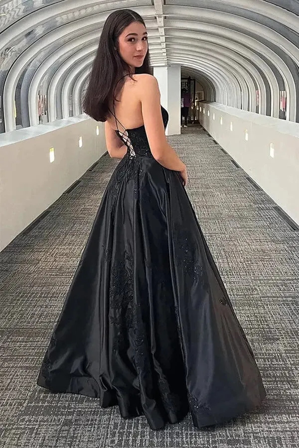Sparkly Black A Line Spaghetti Straps Long Prom Dresses With Appliques, SLP067