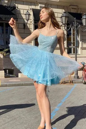 Sparkly Blue A-line Spaghetti Straps Homecoming Dress, Short Prom Dresses, MH560