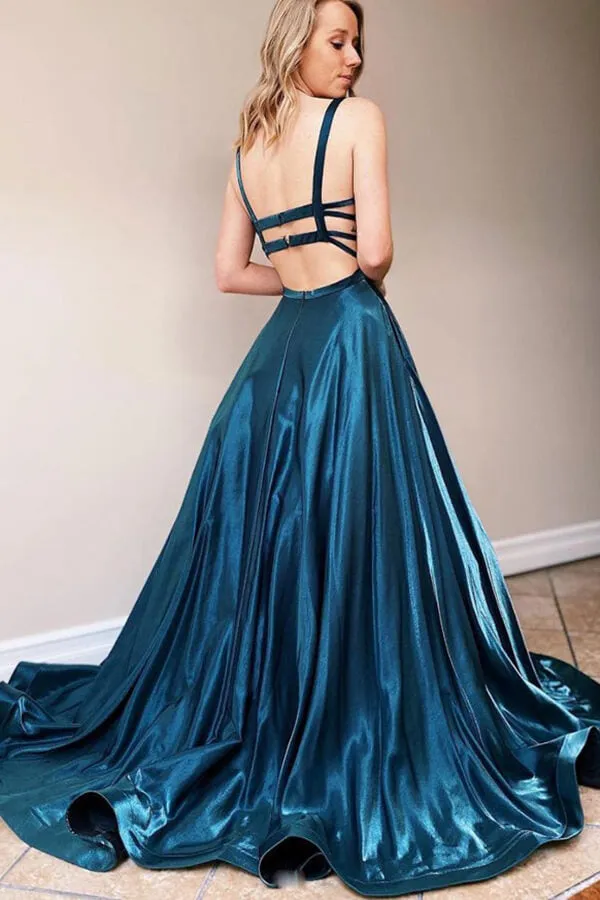 Sparkly Blue Satin Square Neck Long Prom Dresses, Simple Evening Gown, SP728