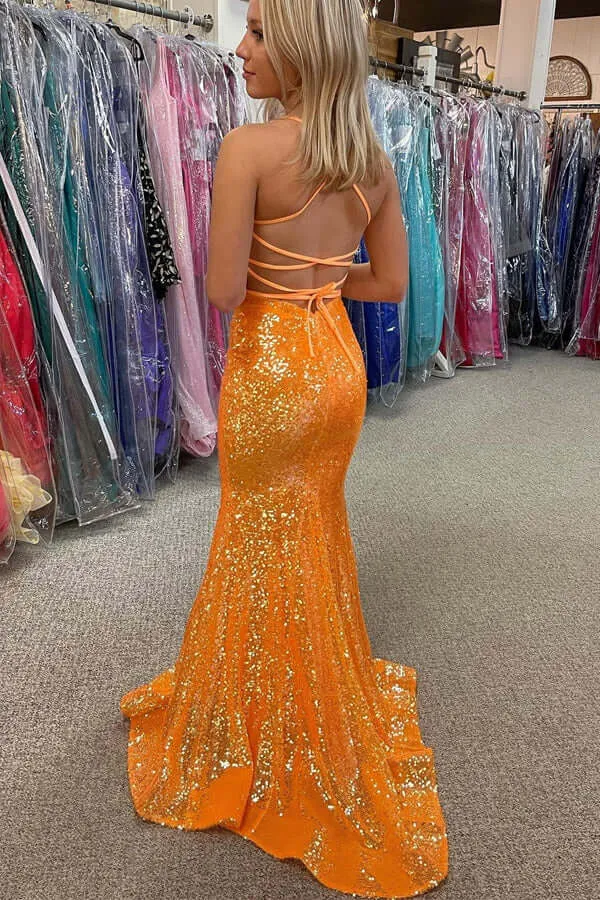 Sparkly Mermaid Orange Sequins Long Prom Dresses, Evening Dresses, MP757