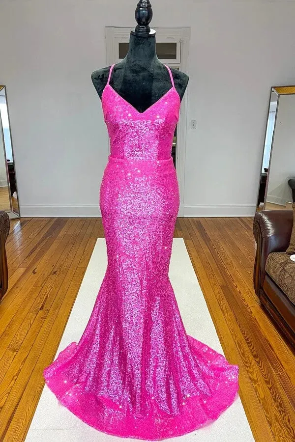 Sparkly Mermaid Orange Sequins Long Prom Dresses, Evening Dresses, MP757