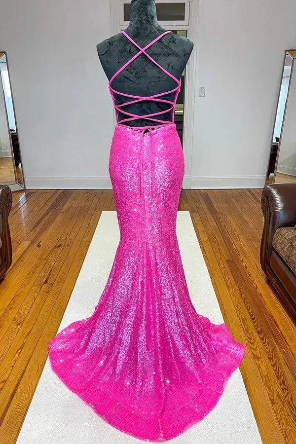 Sparkly Mermaid Orange Sequins Long Prom Dresses, Evening Dresses, MP757