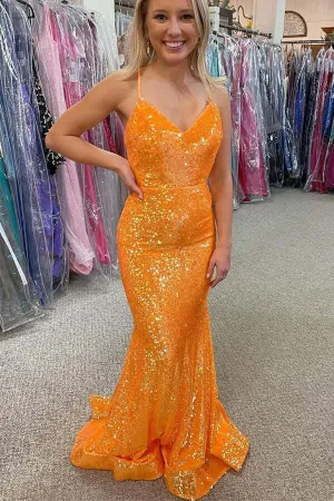 Sparkly Mermaid Orange Sequins Long Prom Dresses, Evening Dresses, MP757
