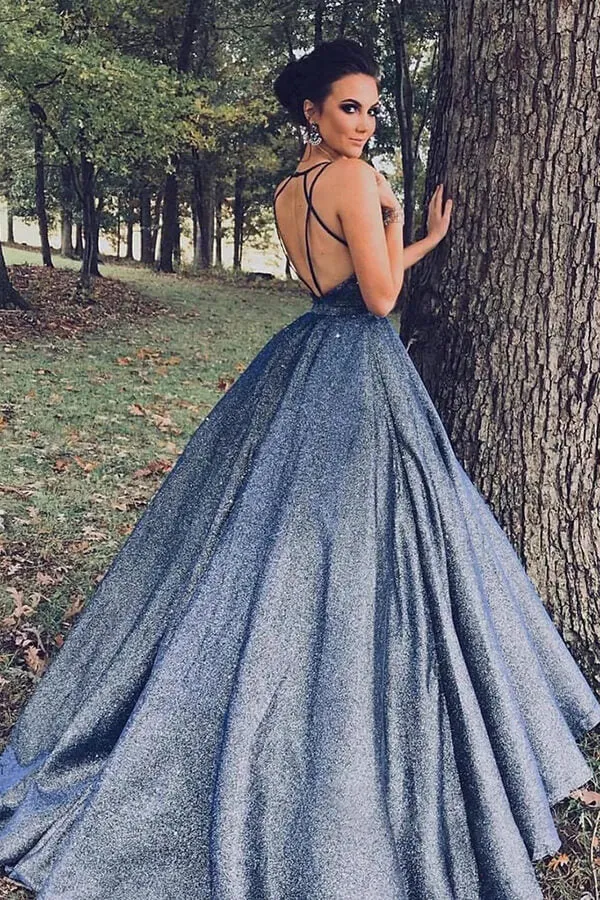 Sparkly Navy Blue Ball Gown V-neck Prom Dresses, Long Formal Dresses, MP681