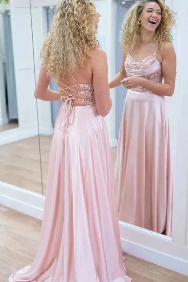 Sparkly Pink A-line Spaghetti Straps Long Prom Dresses With Appliques, SLP044