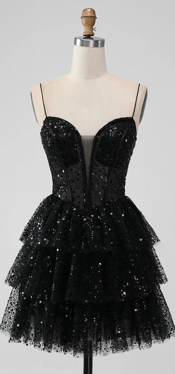 Sparkly Spaghetti Straps V-neck A-line Black Sequins Homecoming Dresses Online, HD0742