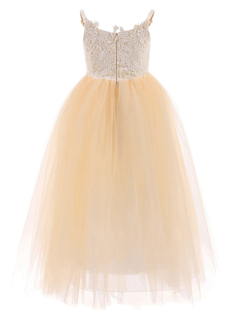 Straps Neck Sleeveless Lace Kids Party Dresses