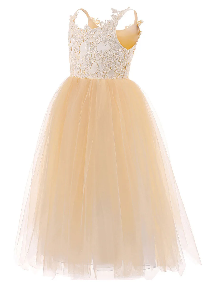 Straps Neck Sleeveless Lace Kids Party Dresses