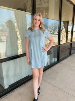 STRIPED CHAMBRAY BACK BUTTON MINI SHIRT DRESS