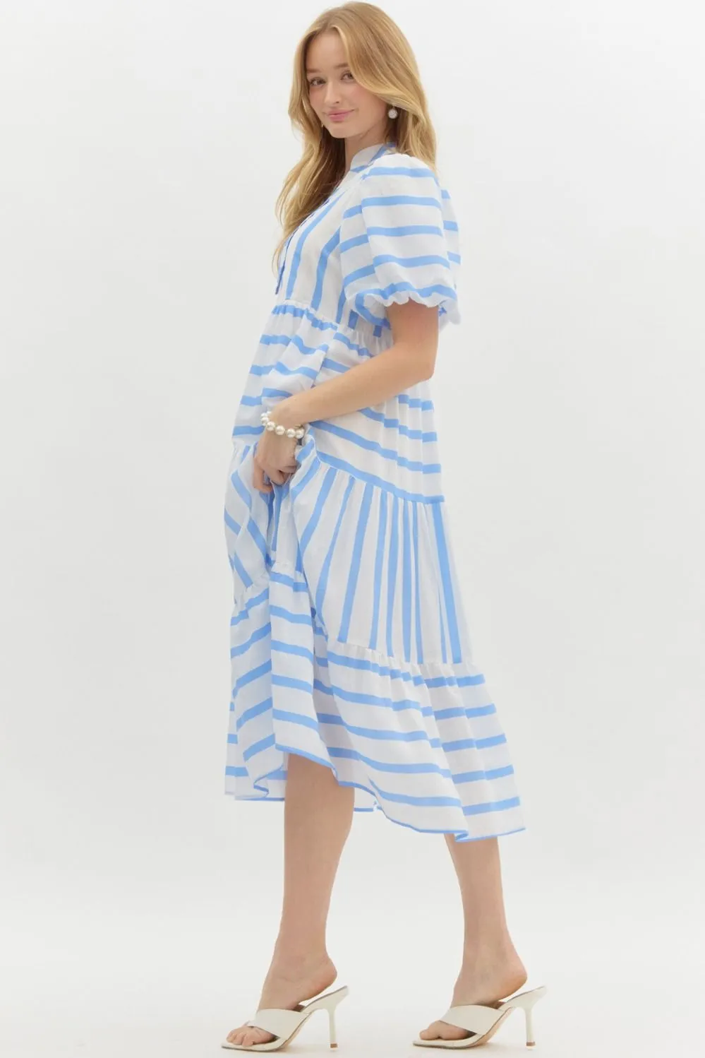 Striped Short Bubble Sleeve Pullover Dress
