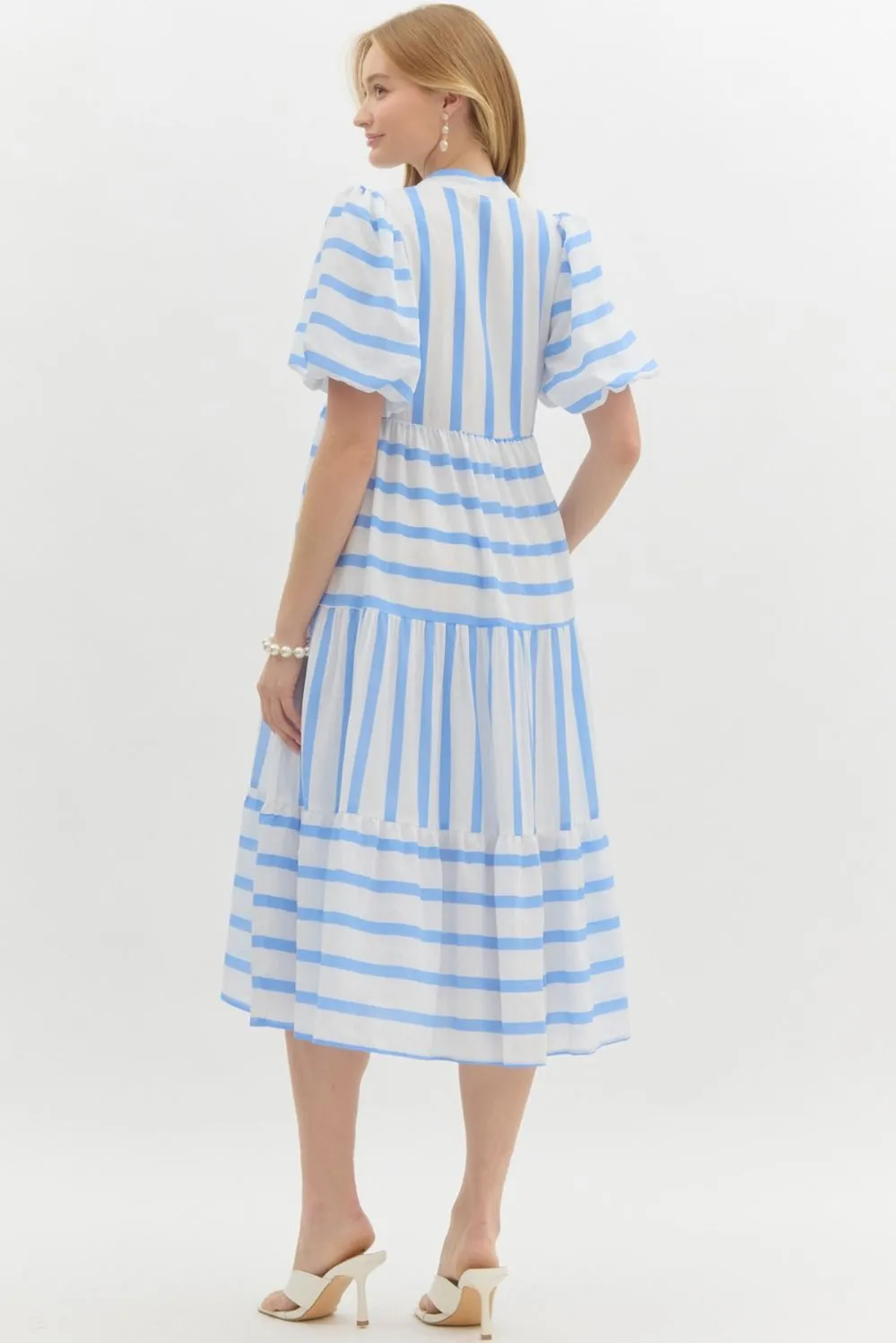 Striped Short Bubble Sleeve Pullover Dress