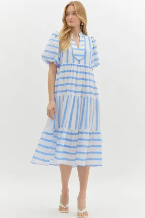 Striped Short Bubble Sleeve Pullover Dress