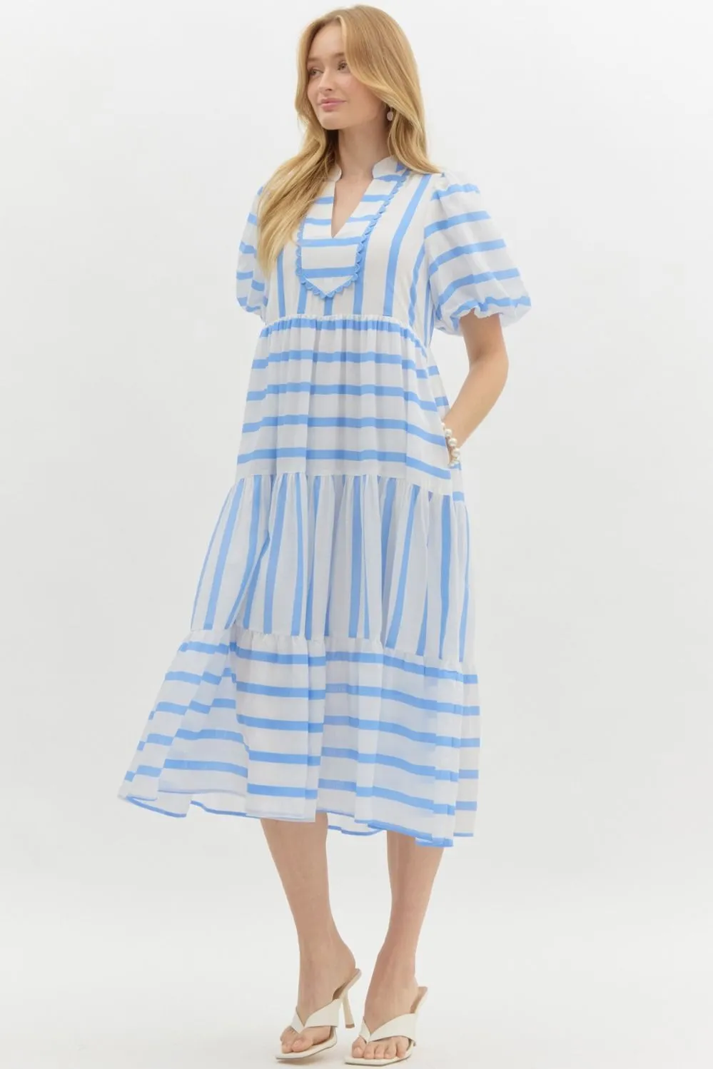 Striped Short Bubble Sleeve Pullover Dress