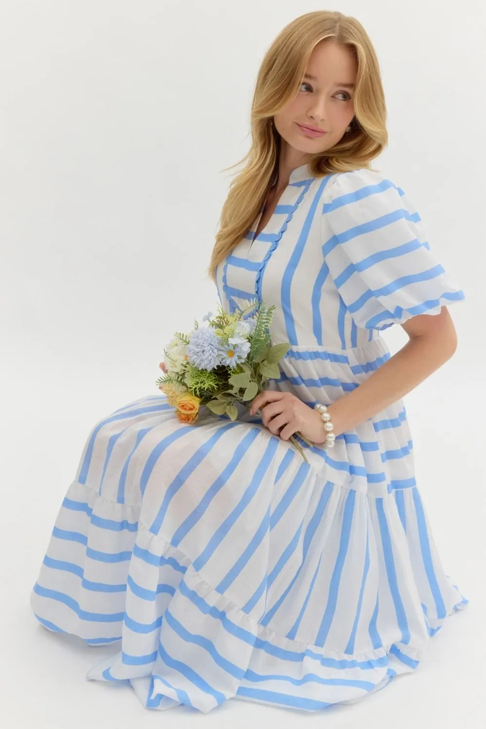 Striped Short Bubble Sleeve Pullover Dress