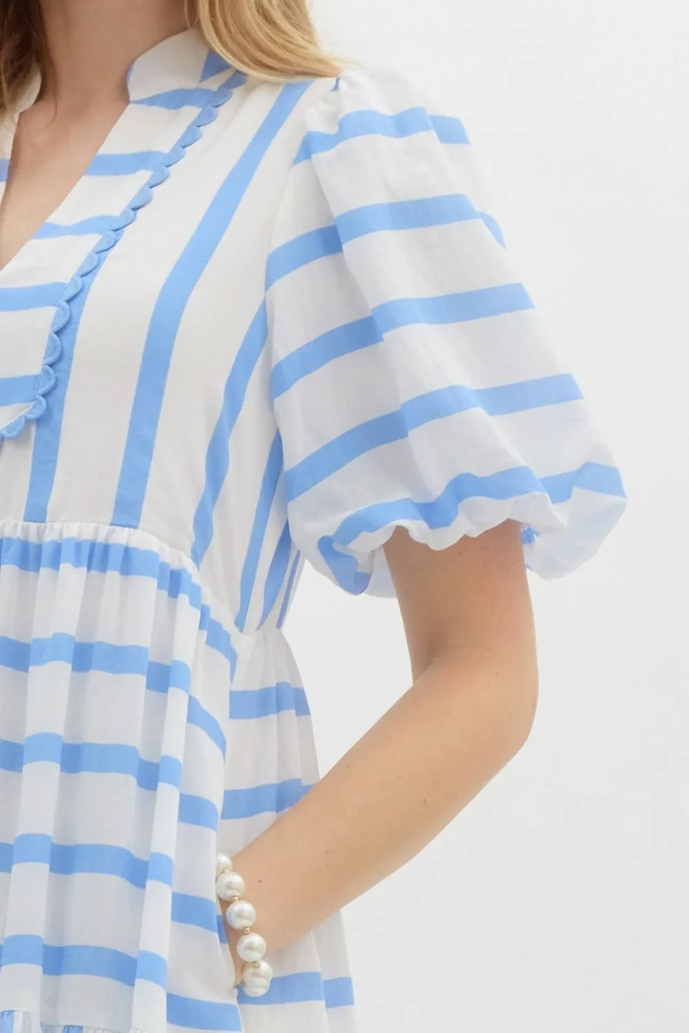 Striped Short Bubble Sleeve Pullover Dress