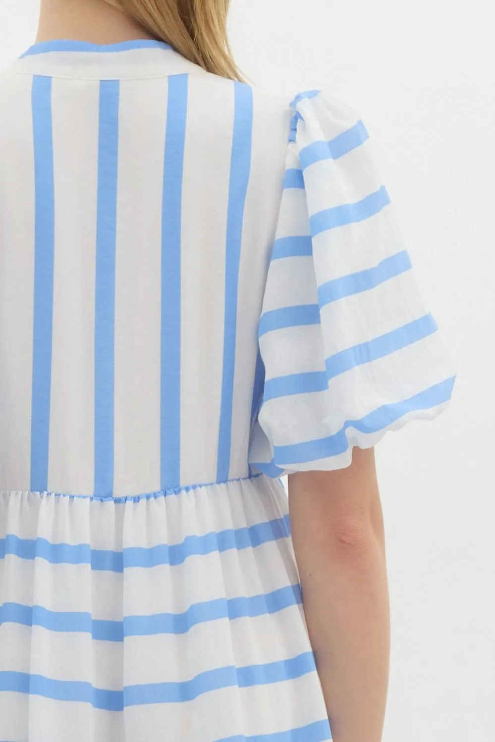 Striped Short Bubble Sleeve Pullover Dress