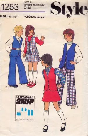 Style 1253 Girls/Boys Vest Skirt & Pants 1970s Vintage Sewing Pattern Size 3