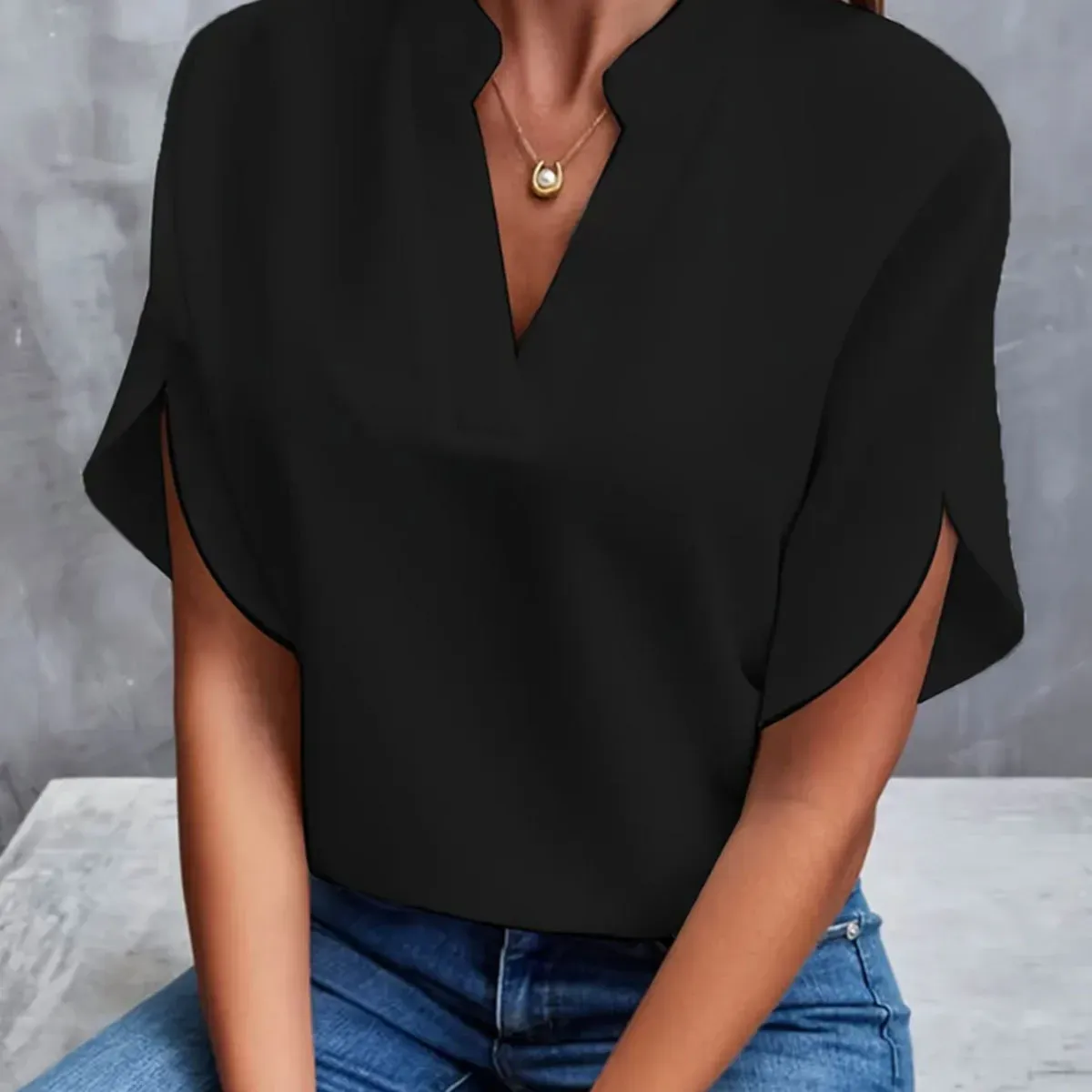 Svelte V-Neck Split Short Sleeve Blouse