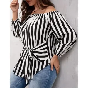 Sway Off-Shoulder Striped Belted Long Sleeve Top