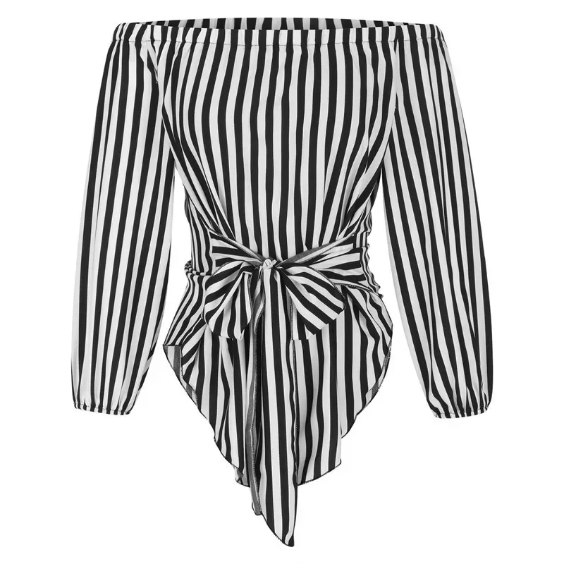 Sway Off-Shoulder Striped Belted Long Sleeve Top
