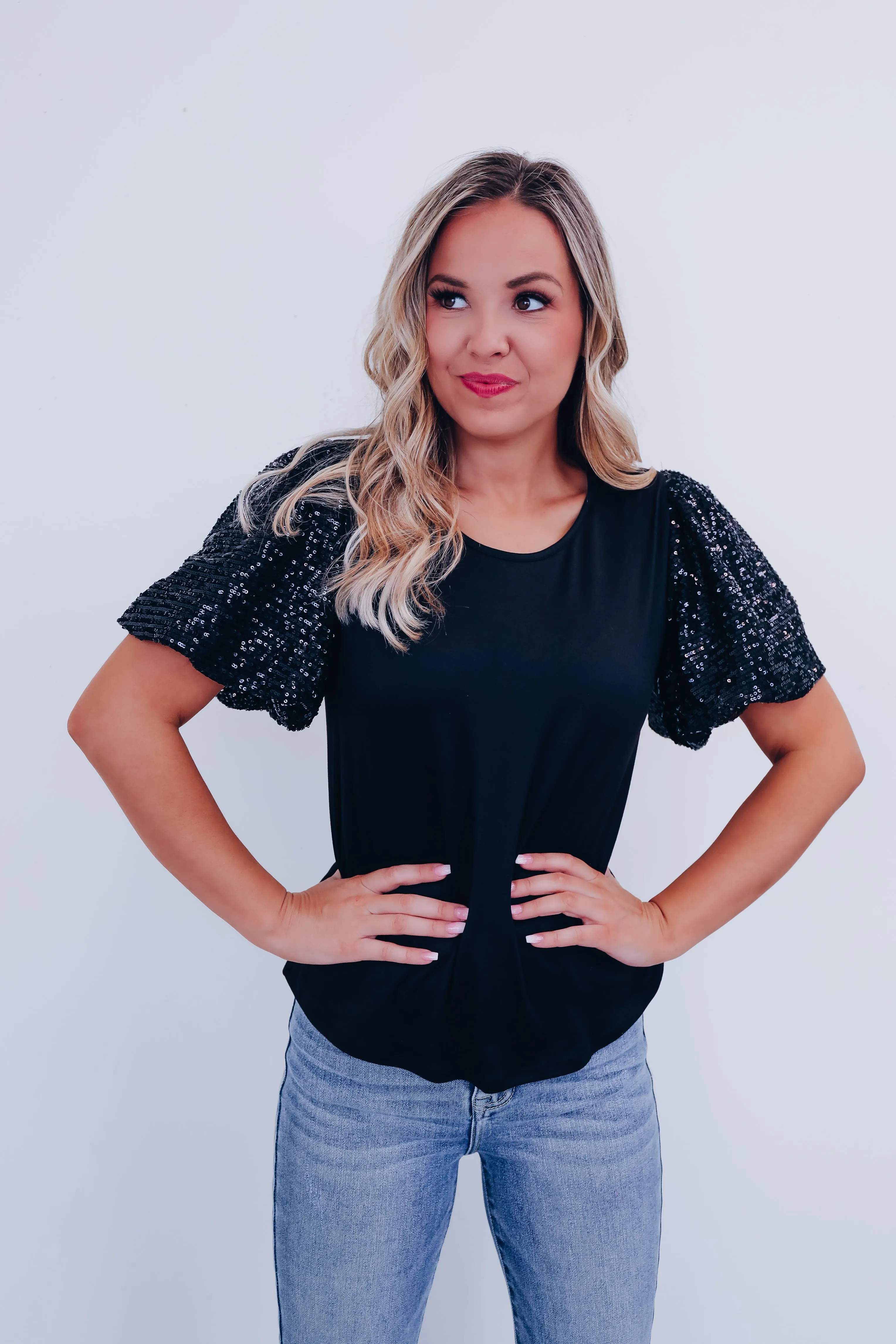 Sylvia Sequin Sleeve Top - Black