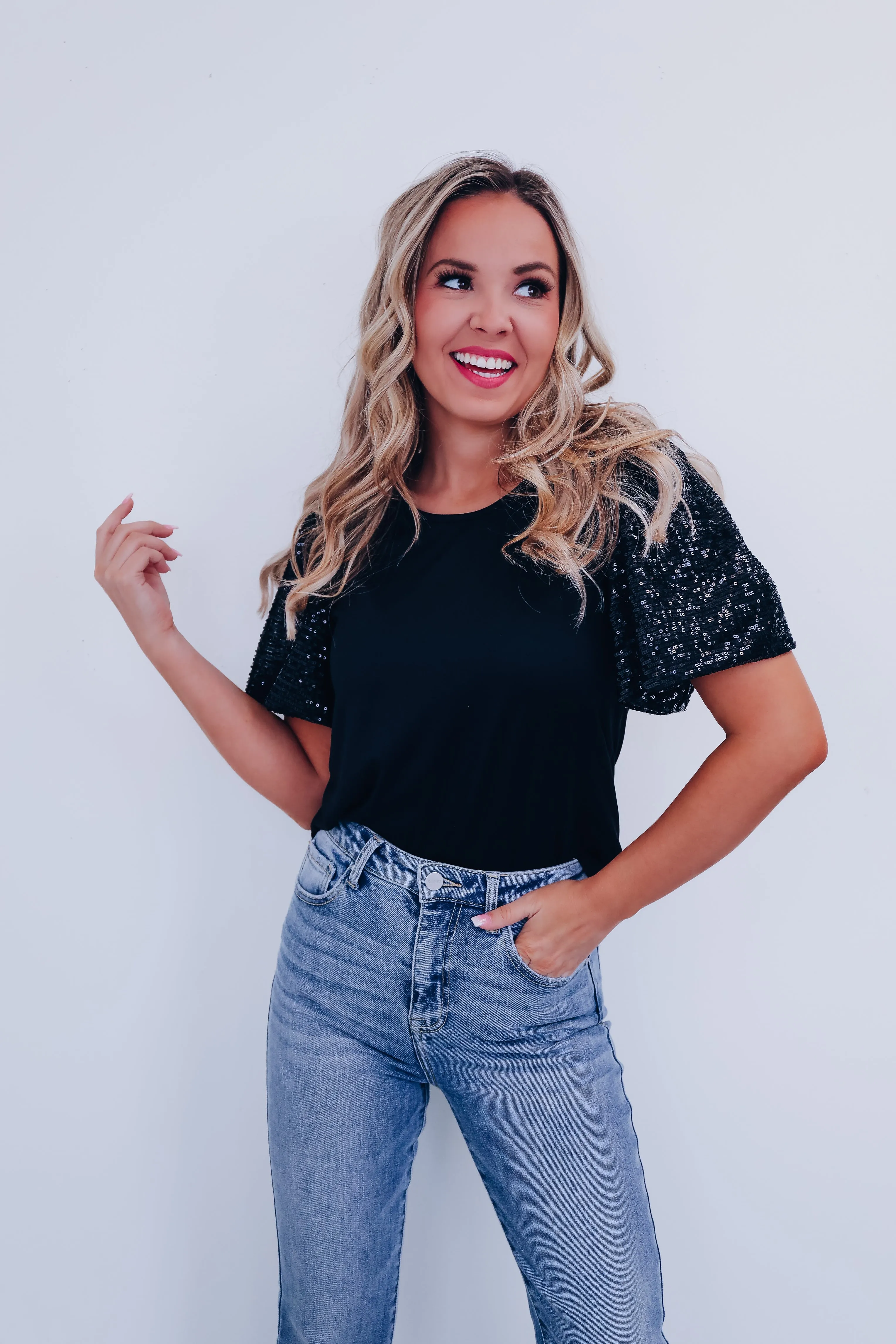 Sylvia Sequin Sleeve Top - Black