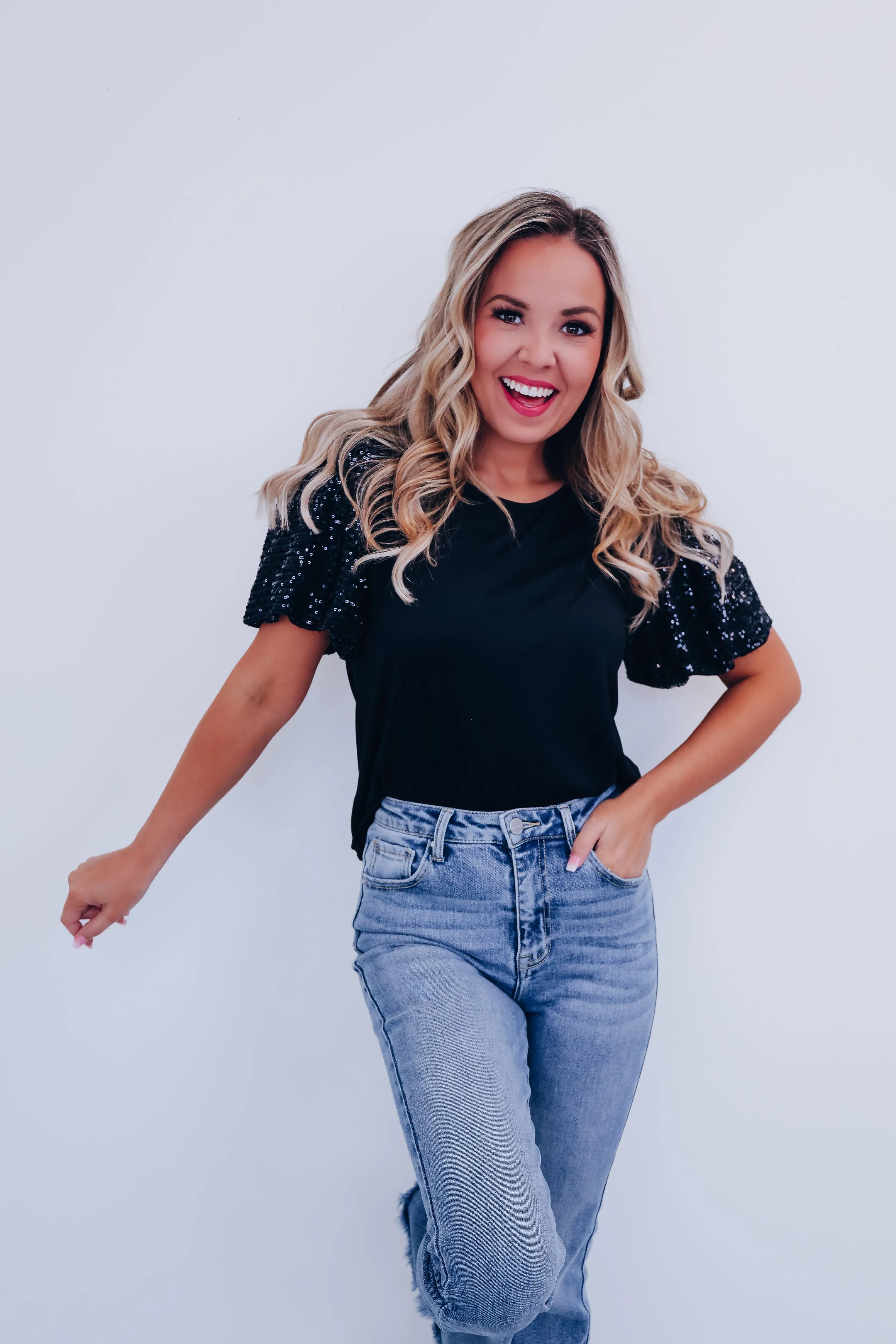 Sylvia Sequin Sleeve Top - Black