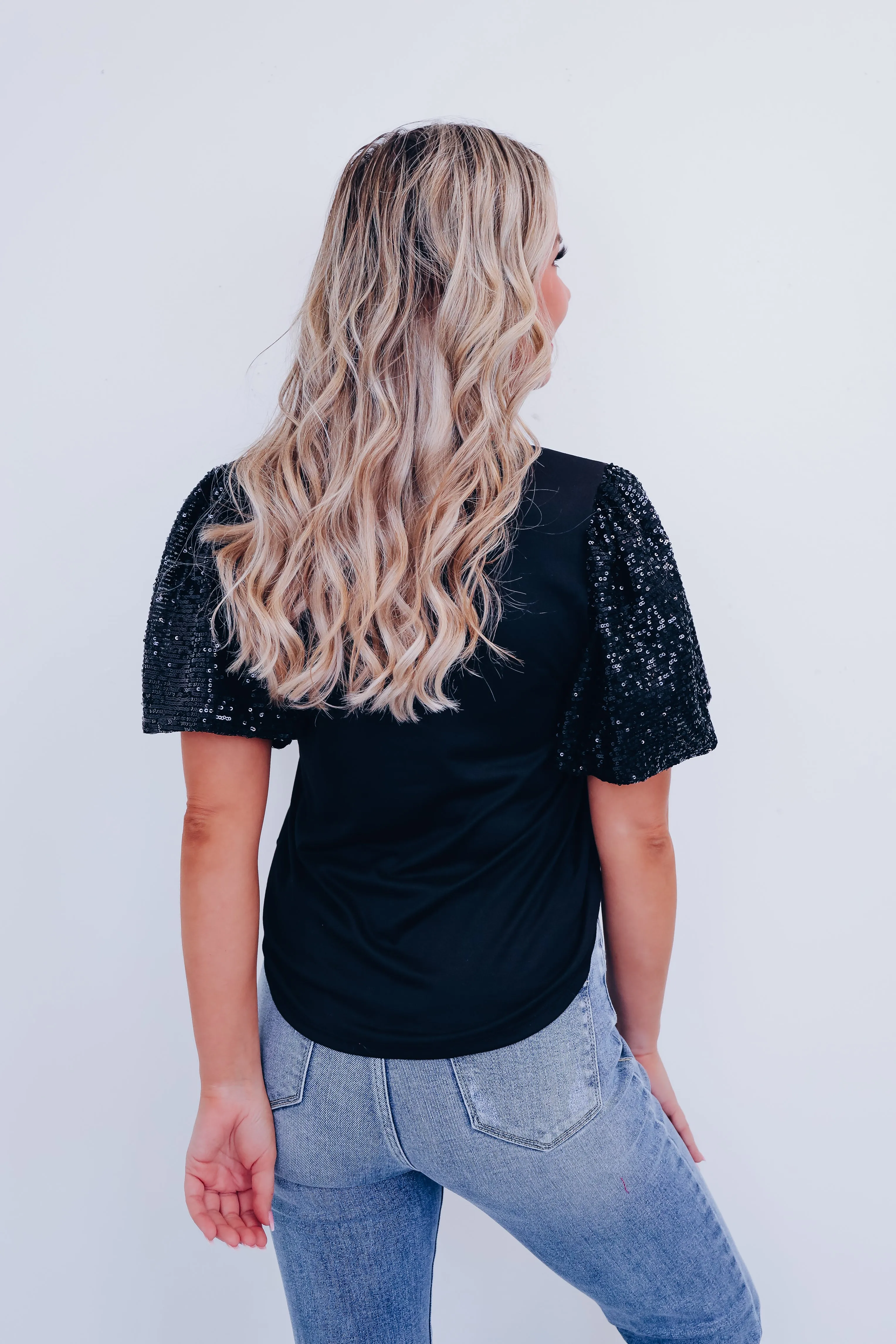 Sylvia Sequin Sleeve Top - Black