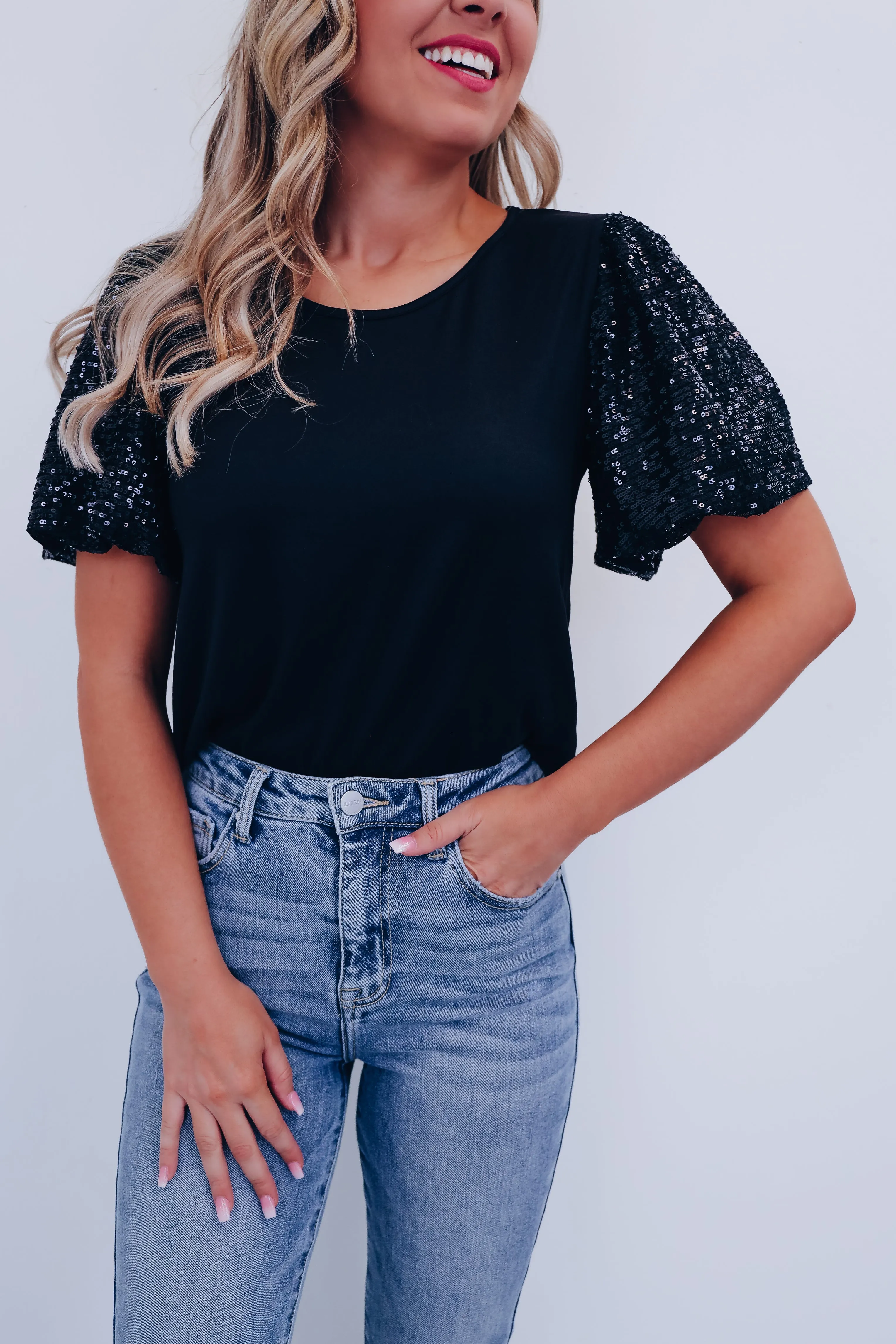 Sylvia Sequin Sleeve Top - Black