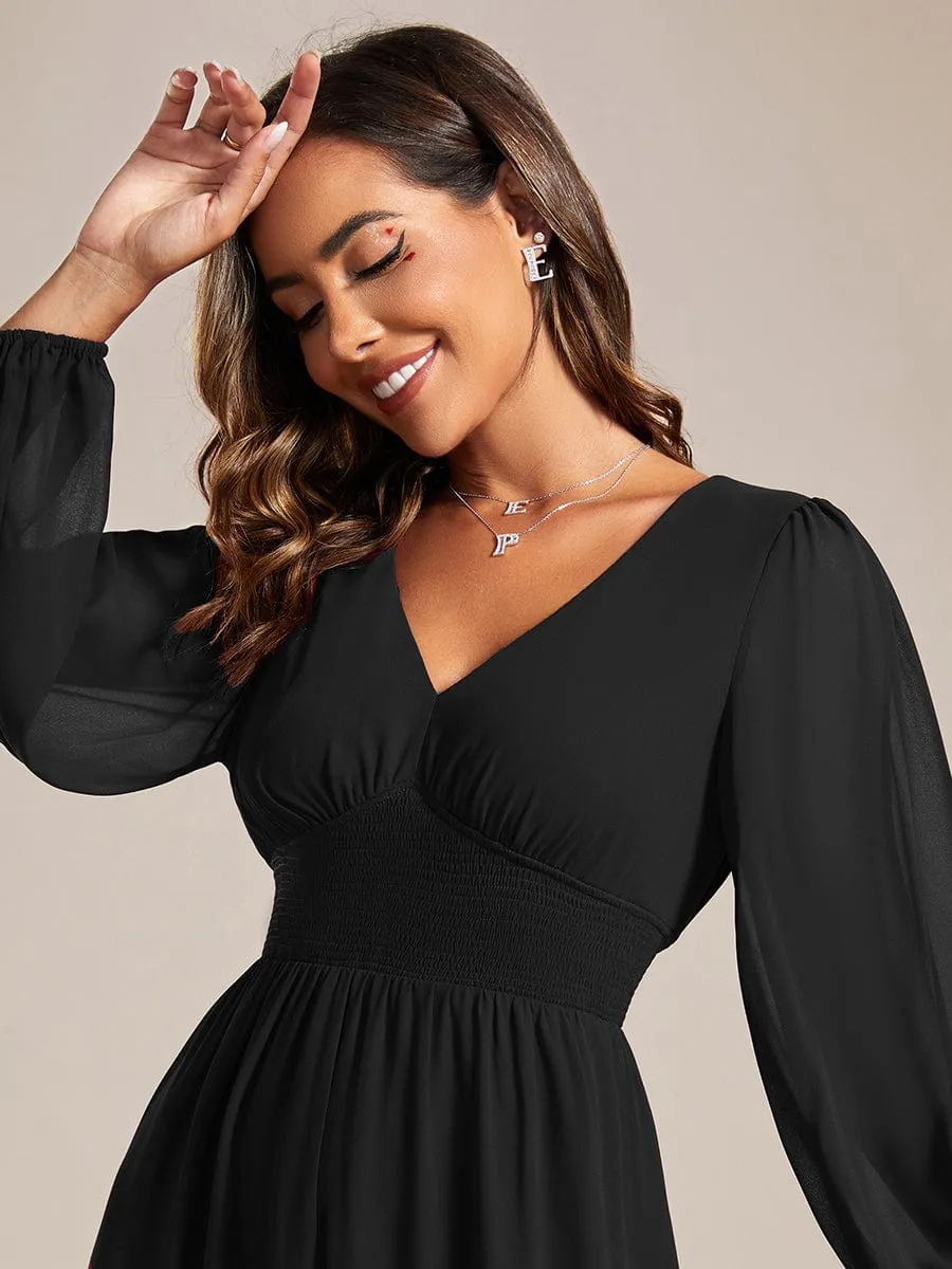 Tari knee length regular and plus size long sleeve chiffon dress