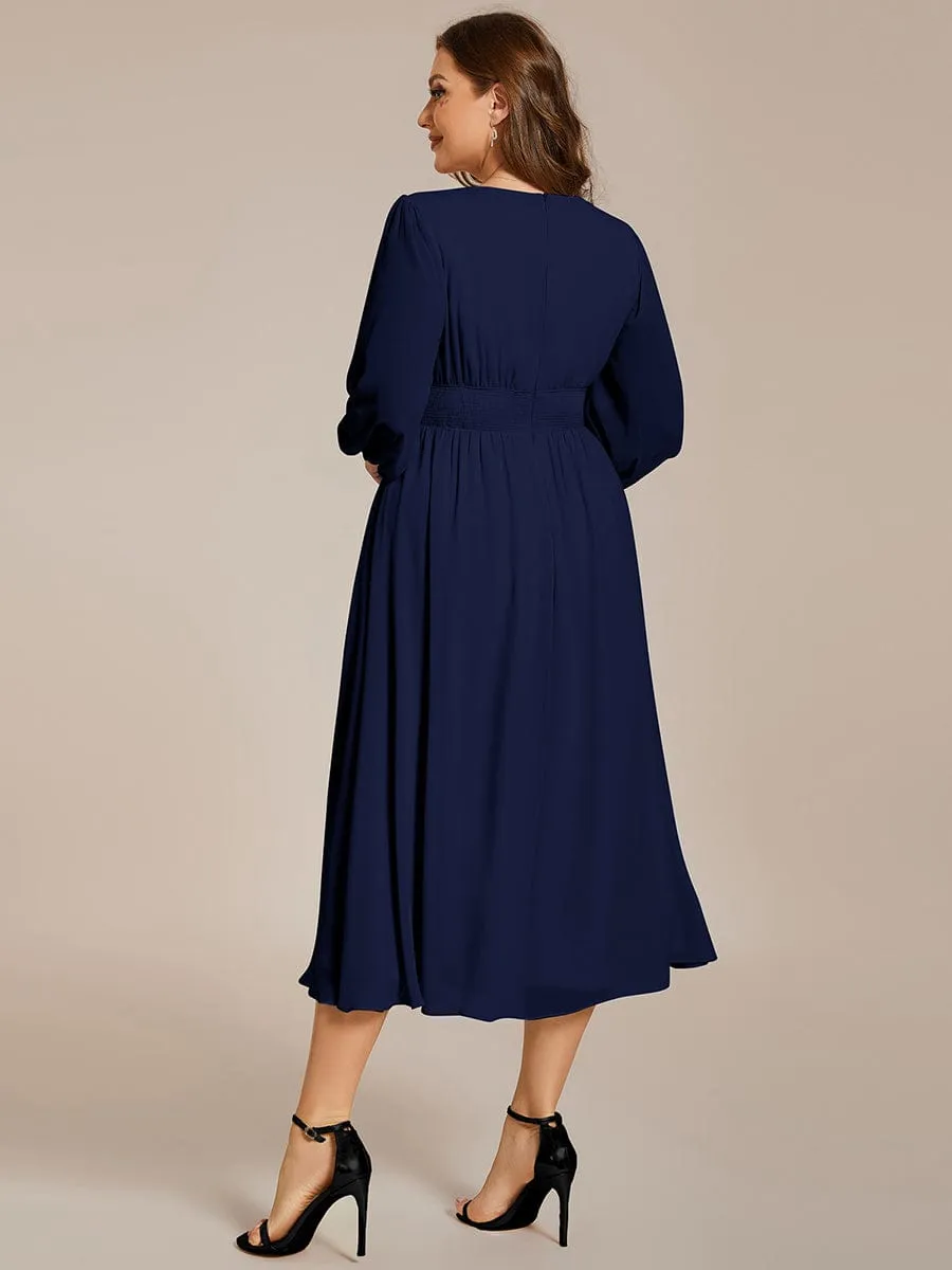Tari knee length regular and plus size long sleeve chiffon dress
