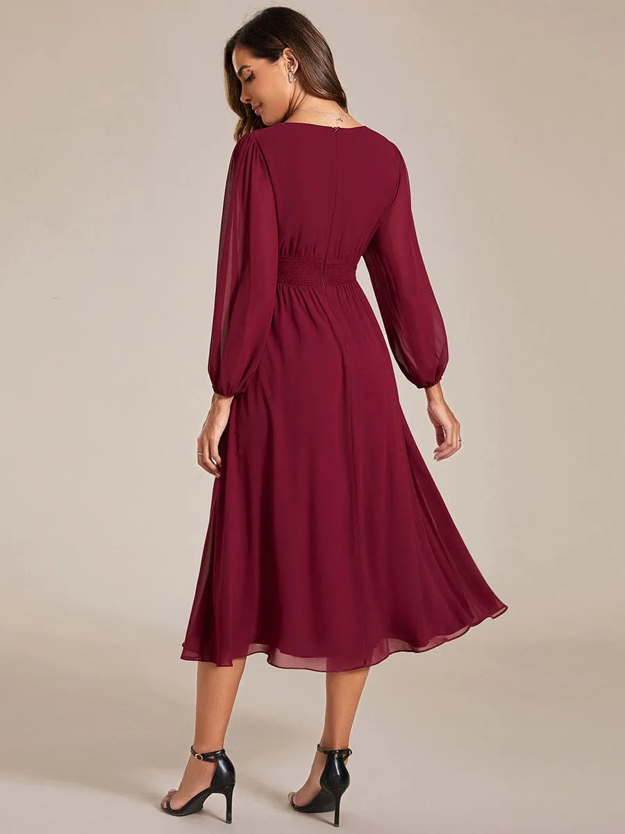 Tari knee length regular and plus size long sleeve chiffon dress