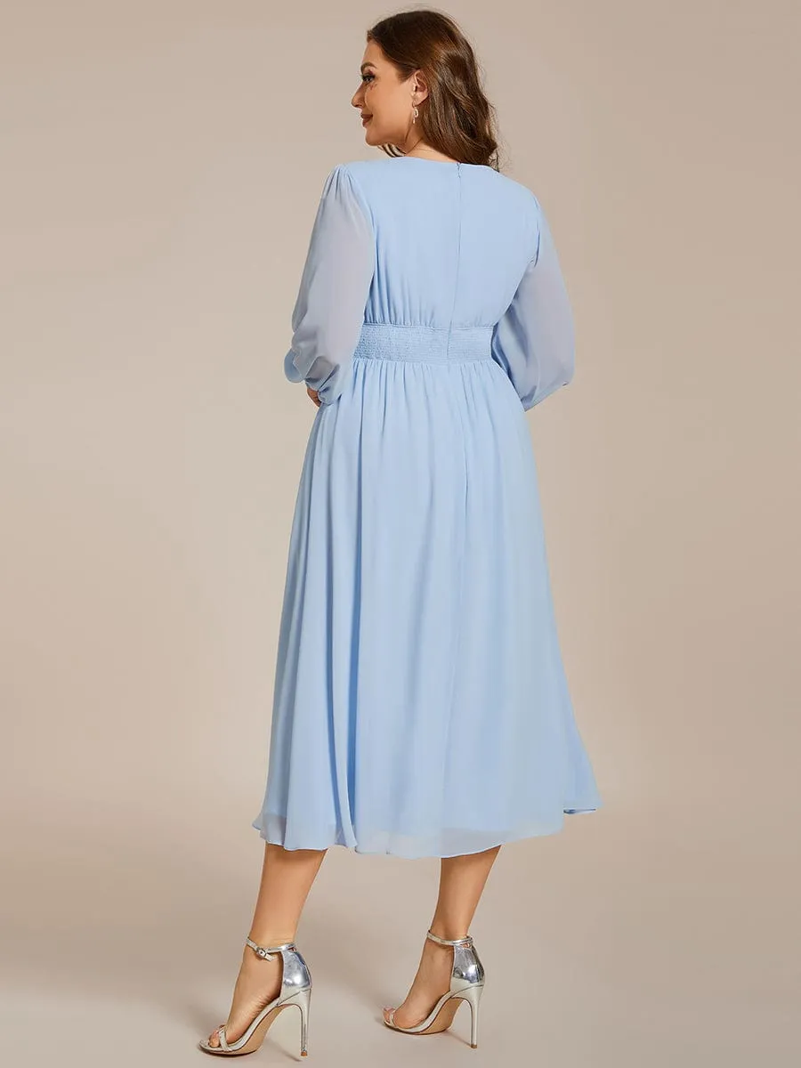 Tari knee length regular and plus size long sleeve chiffon dress