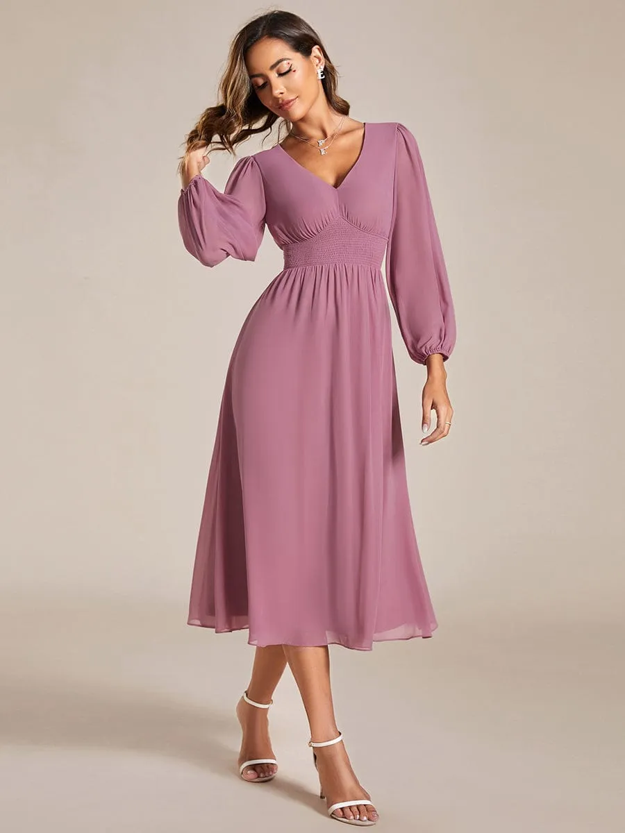 Tari knee length regular and plus size long sleeve chiffon dress