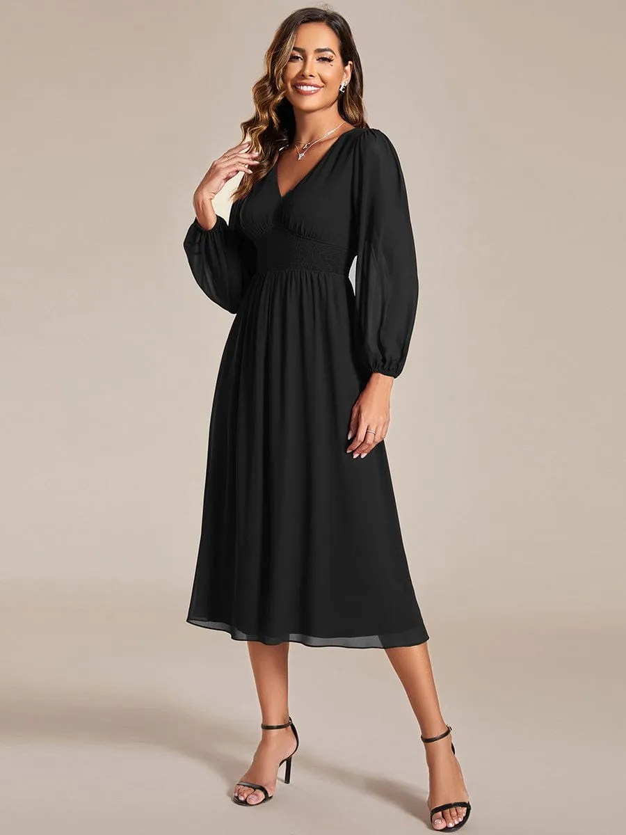 Tari knee length regular and plus size long sleeve chiffon dress